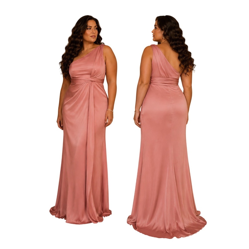 Dessy Collection One Shoulder Rose Pink Satin Maxi Gown Formal Dress 16
